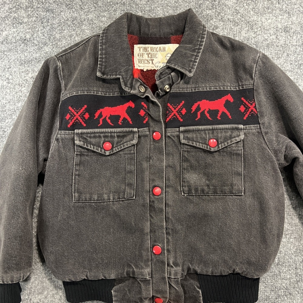 Vtg Woolrich "The Wear of the West" Black Denim Horse Jacket Youth M